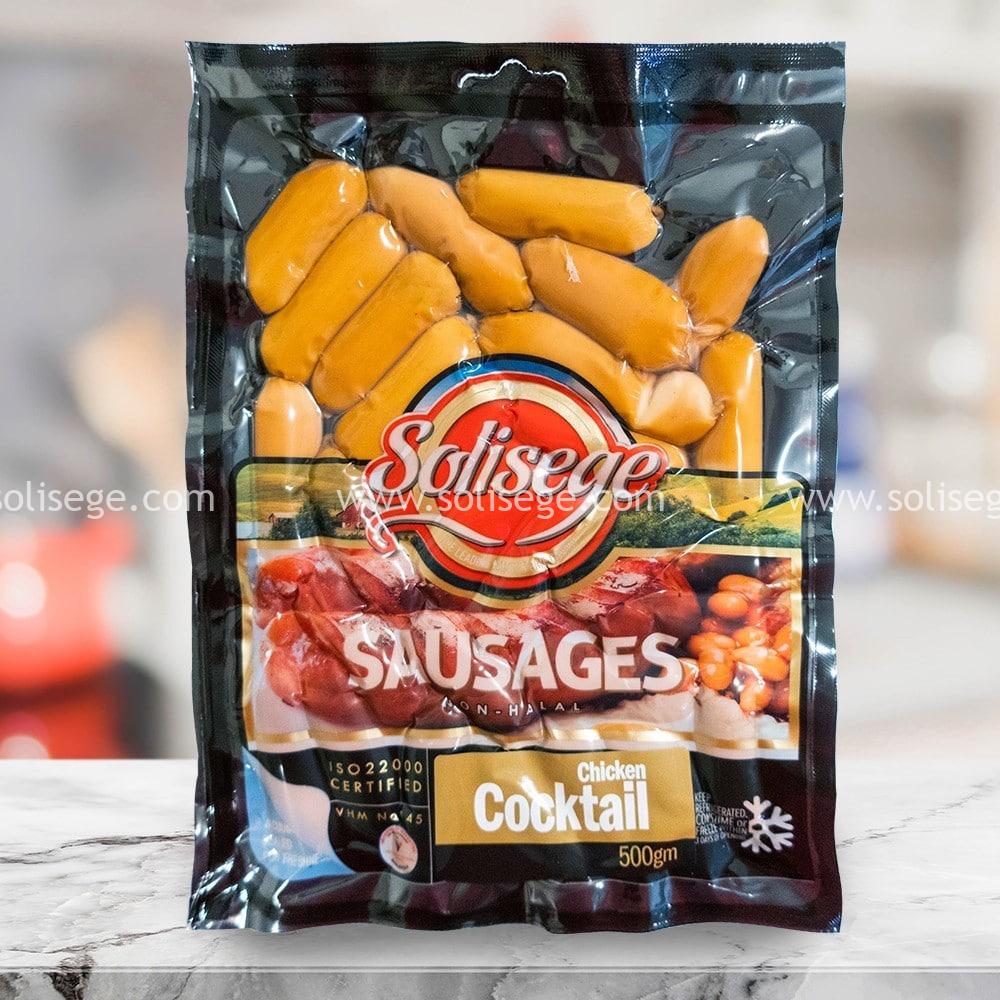 solisege chicken cocktail sausage 500g packaging front view.