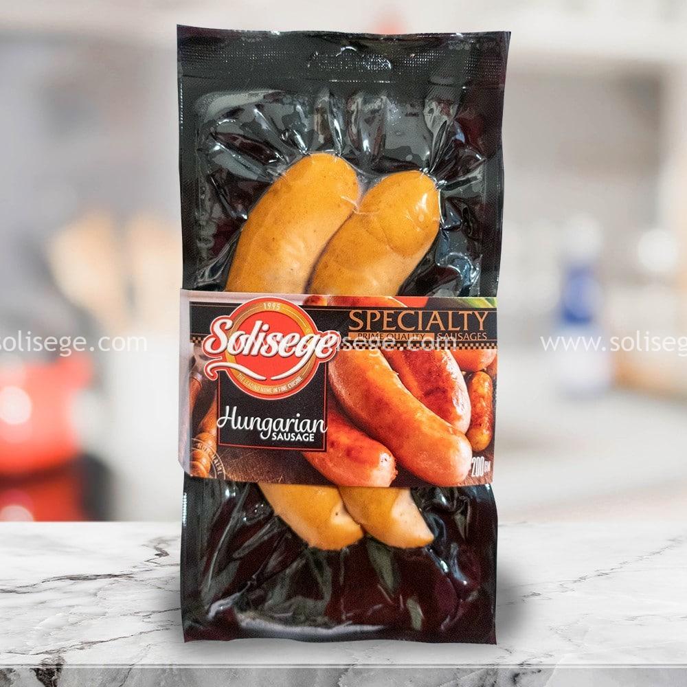 Solisege Hungarian Sausage 200gm. A natural hog casing sausage that contains bacon and caraway seeds. Smoked for 20 minutes to perfection.