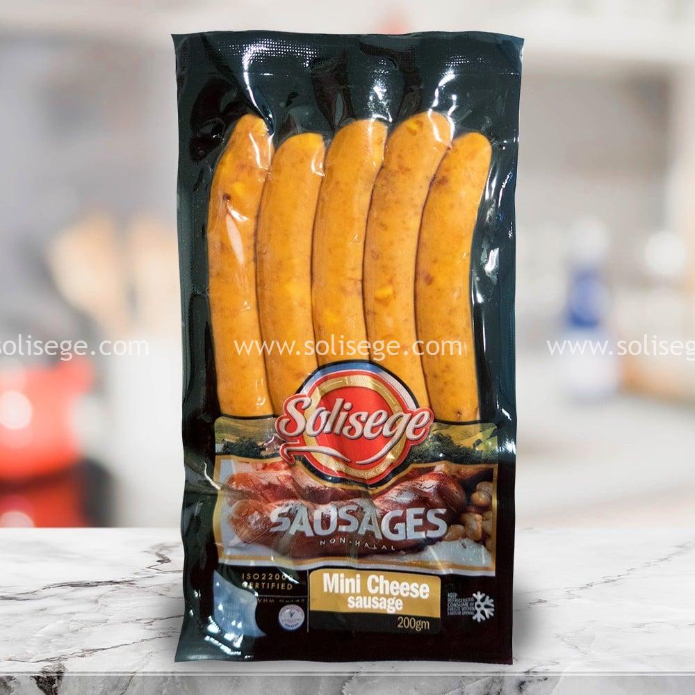 Solisege Mini Cheese Sausage 200gm. A sheep casing smoked sausage with the highest cheese content in our selection. Our best selling cheese sausage.