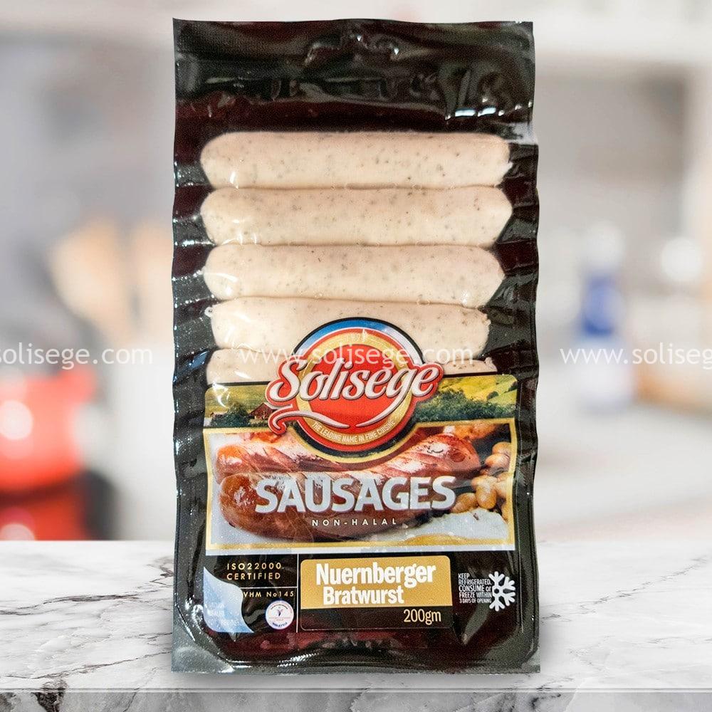 Solisege Nuernberger Bratwurst 200gm. Originating from Nuremberg in Germany, this sausage is made with sheep casing and not smoked.