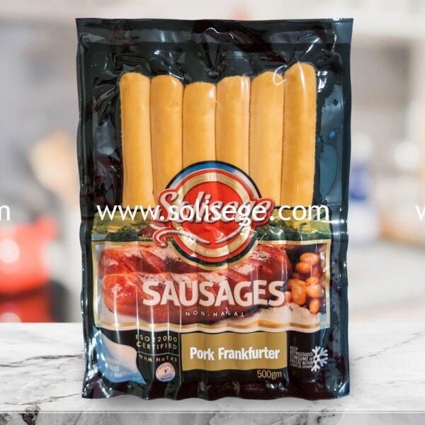 Solisege Pork Frankfurter 500gm. Classic skinless fine cut pork sausage. You can put them in hotdogs, bread, dice them up for a quick fry, or just BBQ them.