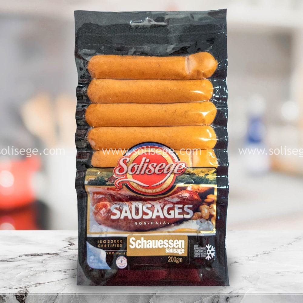 Solisege Schauessen Sausage 200gm. A smoked pork sausage mixed with bacon chips and geared towards a Japanese styled taste. The skin gives it a unique snap.