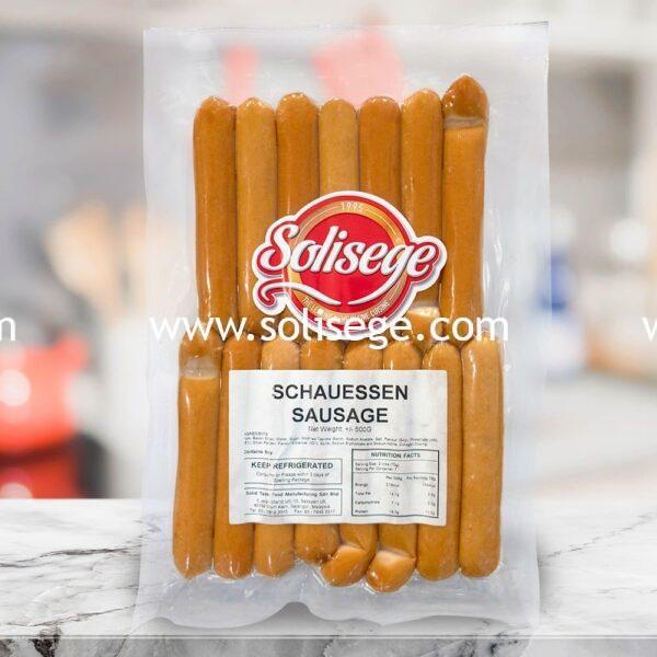 Solisege Schauessen Sausage 500gm. A smoked pork sausage mixed with bacon chips and geared towards a Japanese styled taste. The skin gives it a unique snap.