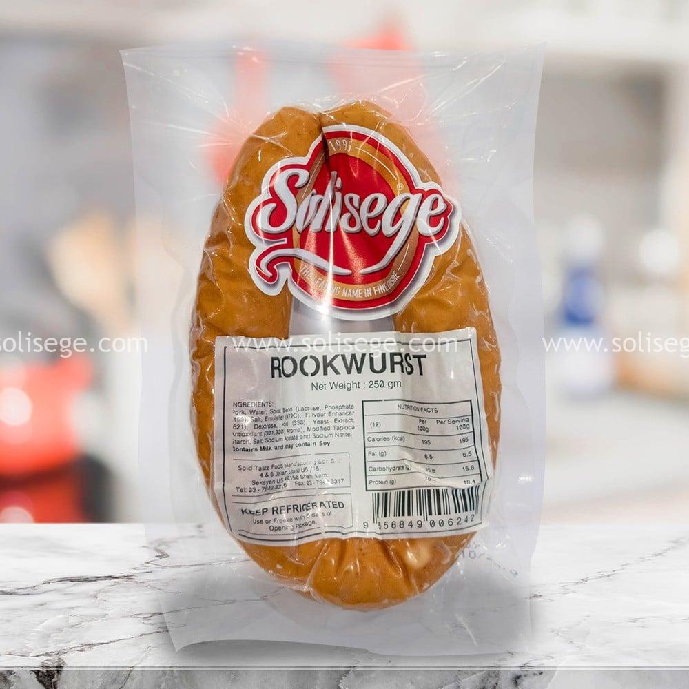 Solisege Rookwurst 250gm. Our only U-shaped sausage with fine cut meat and smoked. A typical German type sausage that is big and great for sausage platters.