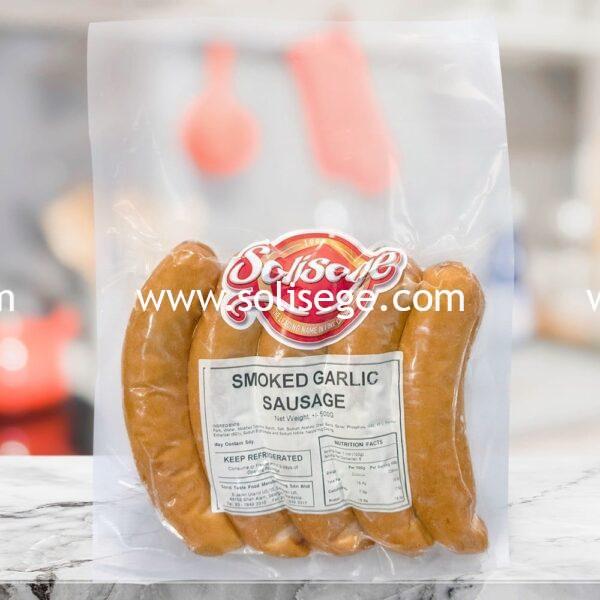 Solisege Smoked Garlic Sausage 500gm. A smoked pork sausage with natural hog casing and a strong smoky garlic taste. Great for BBQ's!