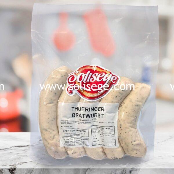 Solisege Thueringer Bratwurst 500gm. Originating from the German state of Thuringia, this natural hog casing sausage is unsmoked and is great for breakfast fry-ups.
