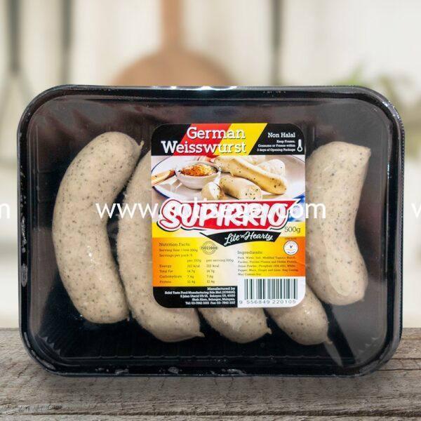 Supirrio German Weisswurst 500gm. An original German white sausage recipe from Munich with natural hog casing and is not smoked.