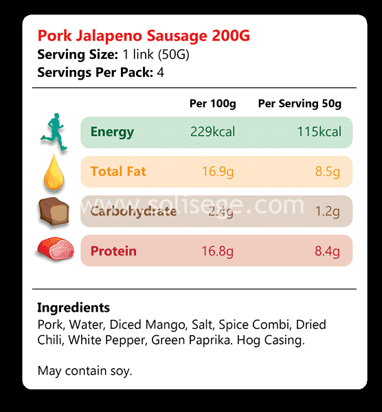 Pork Jalapeno Sausage 200gm - Solisege Fresh Pork Sausage