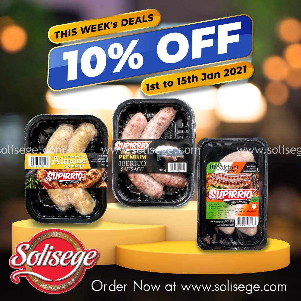 Three types of Supirrio Fresh Sausages being displayed on platforms, showing it has a discount of 10% OFF.